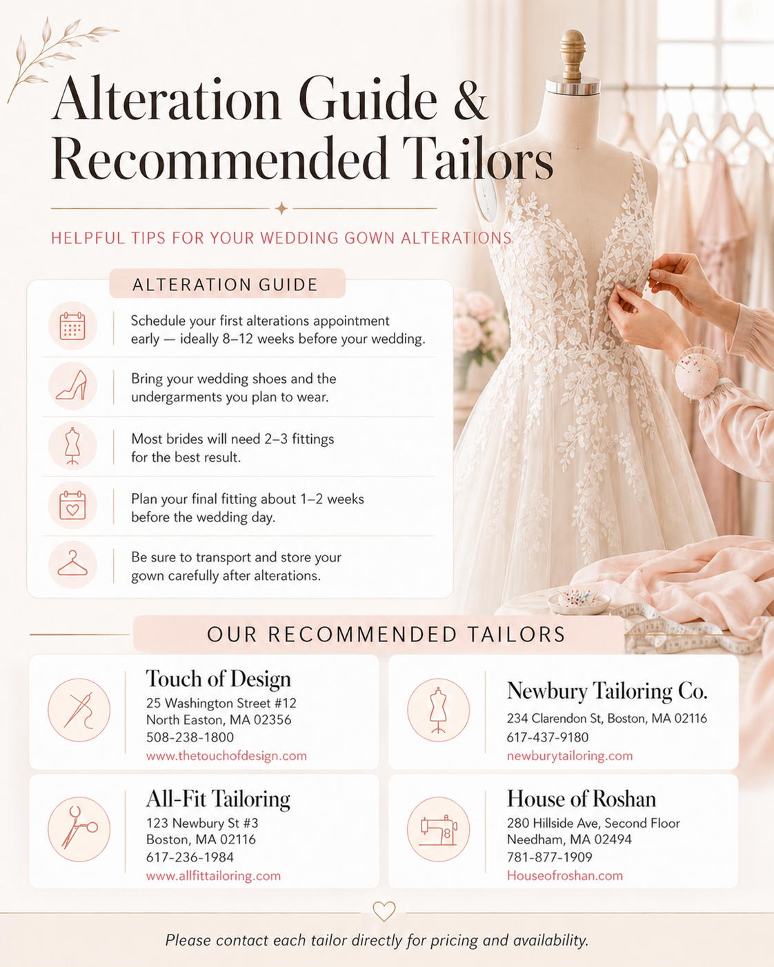 Boston wedding dress alterations guide with recommended bridal tailors